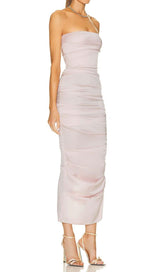 RUCHED OFF-SHOULDER SLIM MIDI DRESS IN PINK