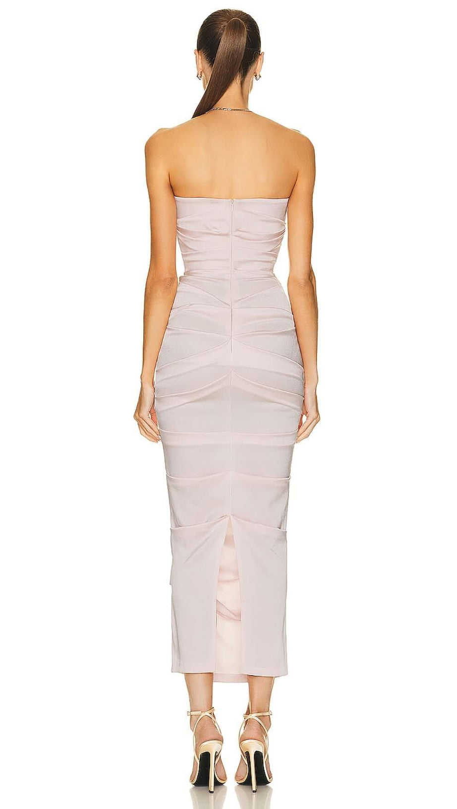 RUCHED OFF-SHOULDER SLIM MIDI DRESS IN PINK