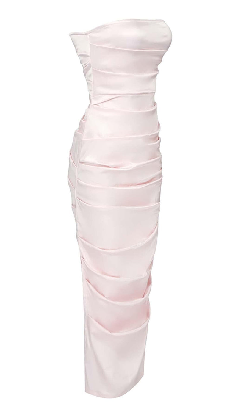 RUCHED OFF-SHOULDER SLIM MIDI DRESS IN PINK