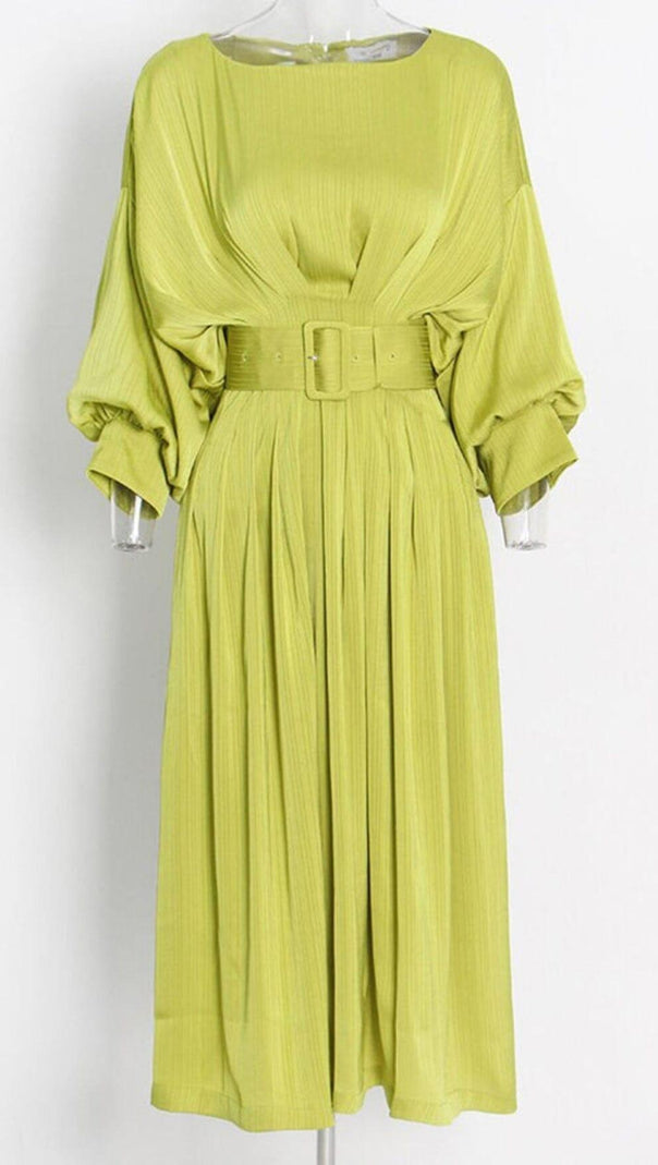AIIZIE RUCHED SATIN MIDI DRESS IN GTEEN - product image