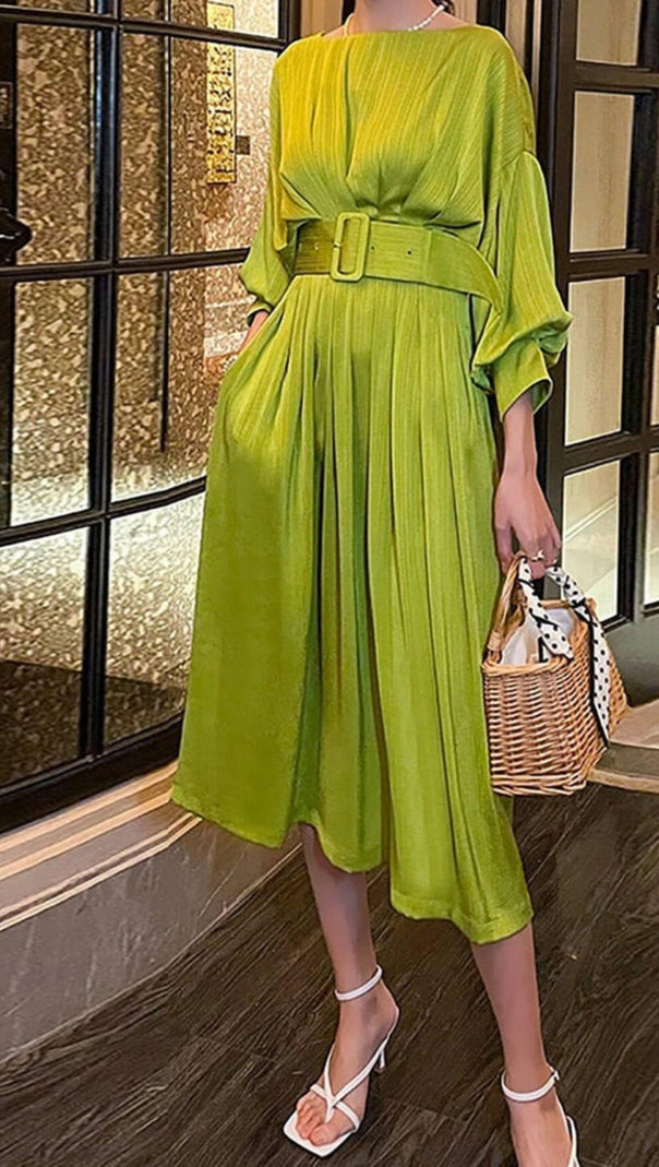 AIIZIE RUCHED SATIN MIDI DRESS IN GTEEN - product image
