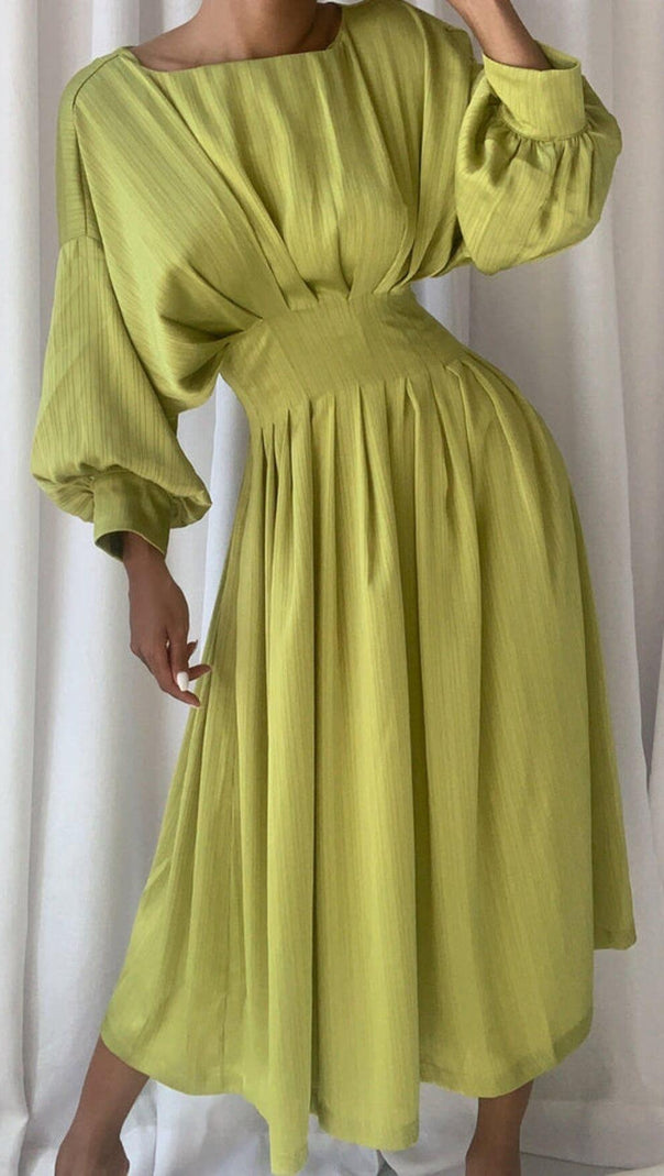 AIIZIE RUCHED SATIN MIDI DRESS IN GTEEN - product image