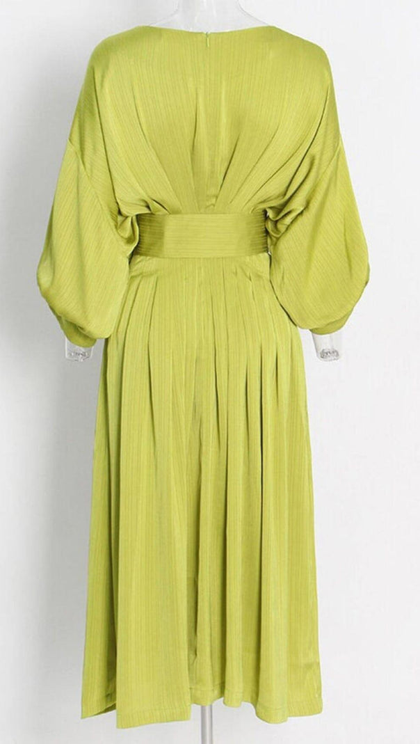 AIIZIE RUCHED SATIN MIDI DRESS IN GTEEN - product image