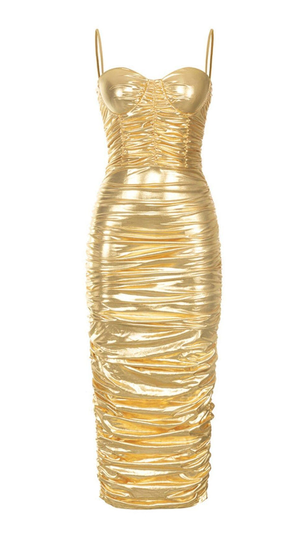 AIIZIE RUCHED STRAPPY MIDI DRESS IN GOLD - product image
