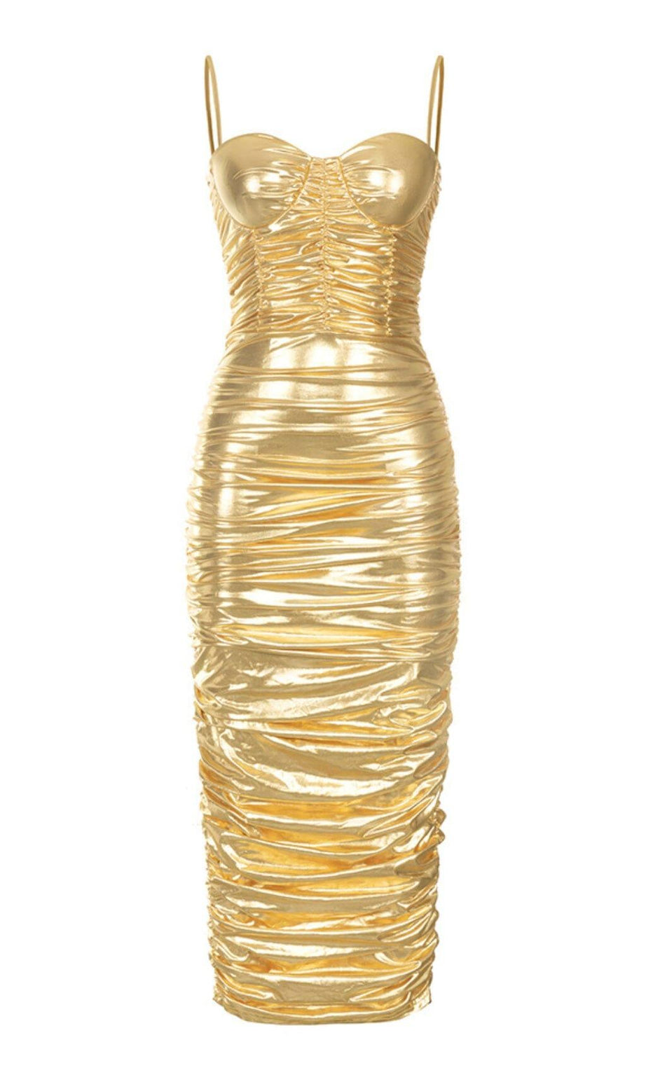 RUCHED STRAPPY MIDI DRESS IN GOLD
