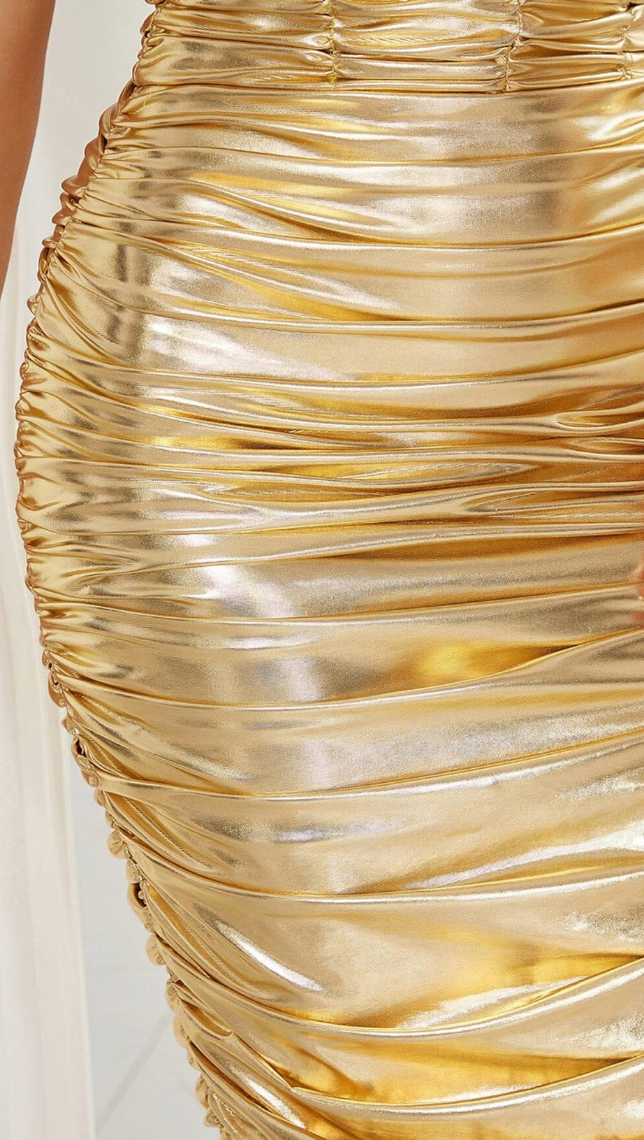 RUCHED STRAPPY MIDI DRESS IN GOLD