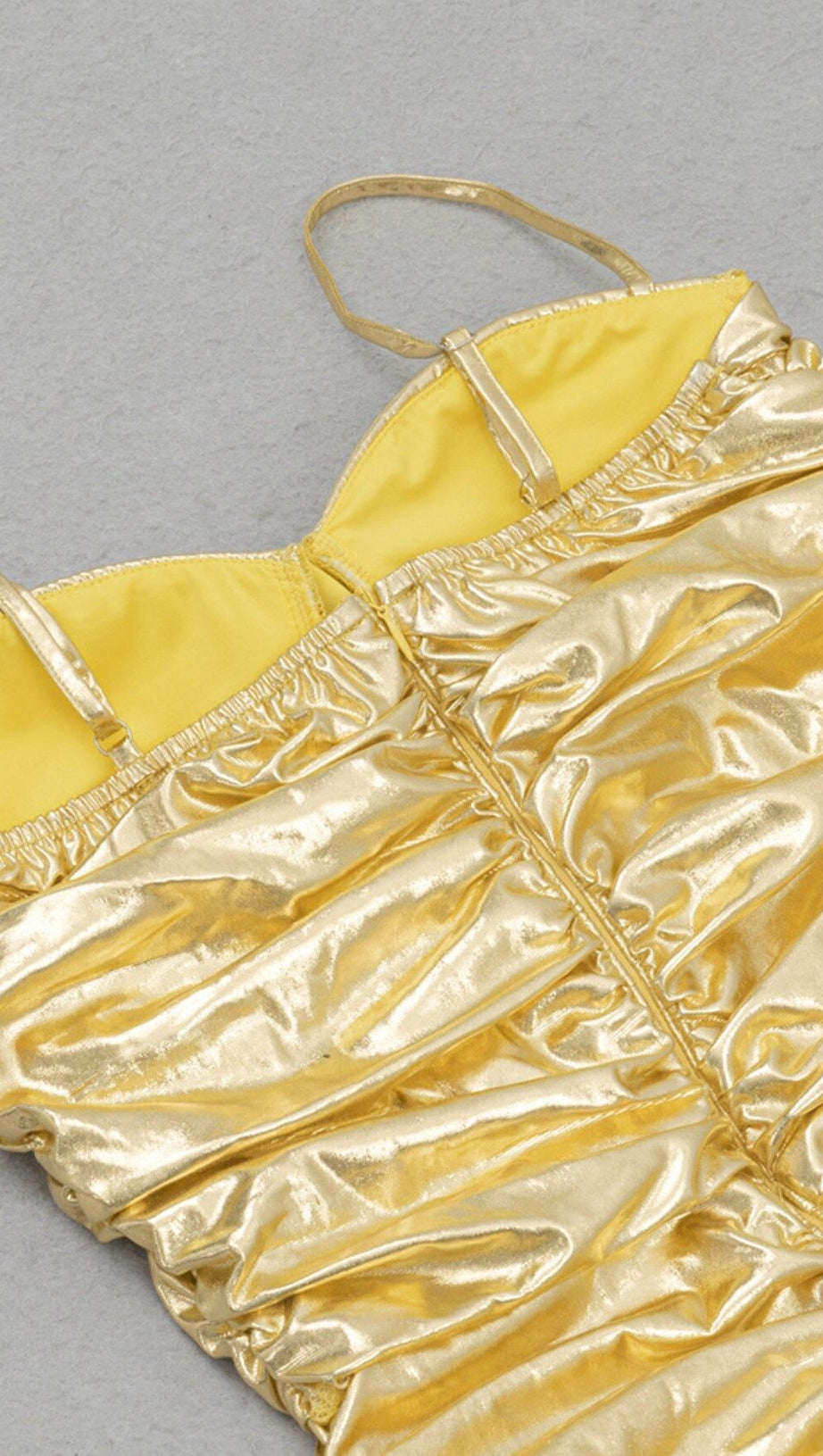 RUCHED STRAPPY MIDI DRESS IN GOLD