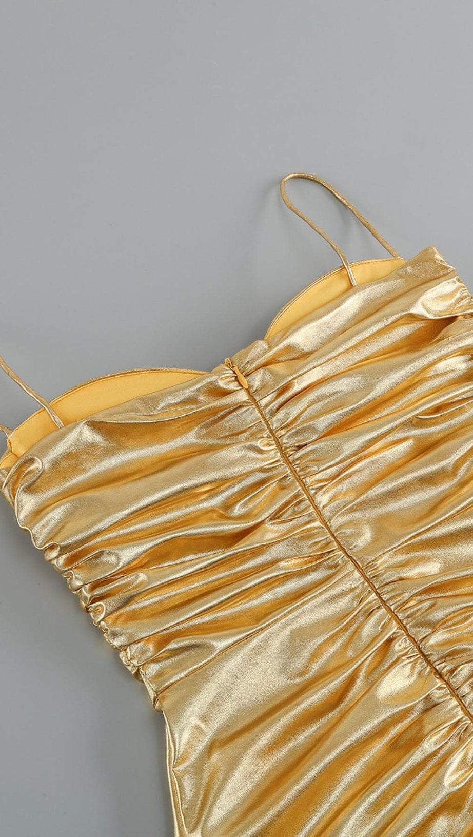 RUCHED STRAPPY MINI DRESS IN GOLD