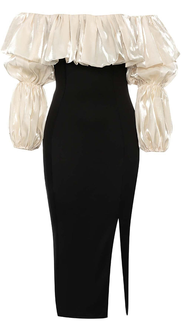 AIIZIE RUFFLE COLD SHOULDER MIDI DRESS IN BLACK - product image