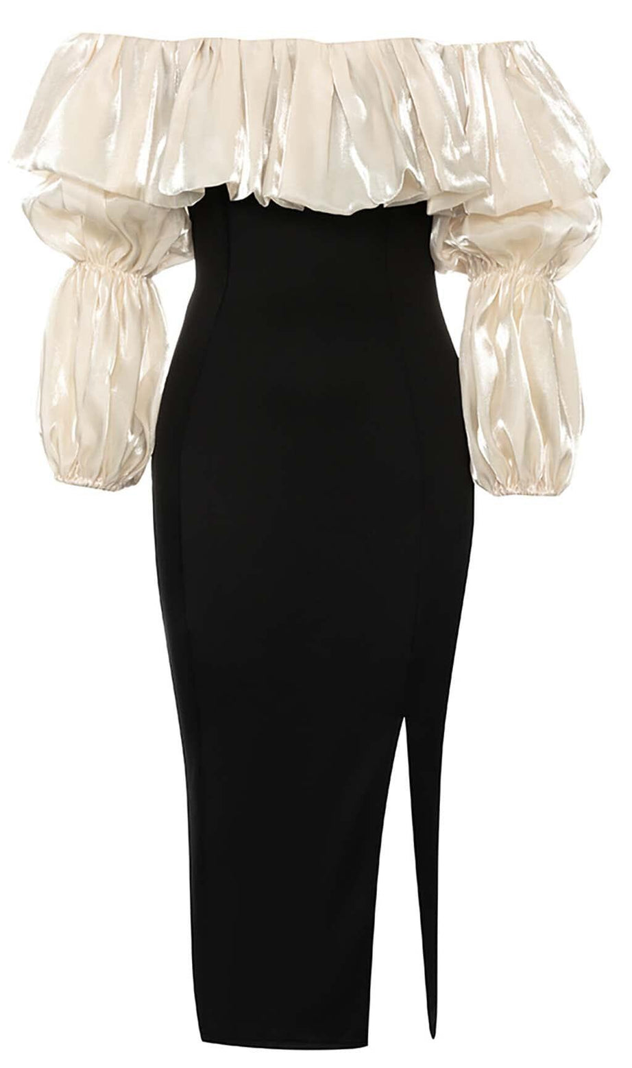 RUFFLE COLD SHOULDER MIDI DRESS IN BLACK