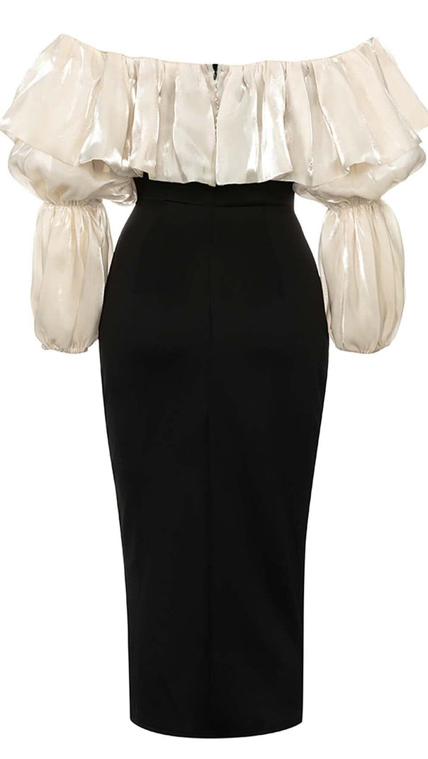 AIIZIE RUFFLE COLD SHOULDER MIDI DRESS IN BLACK - product image