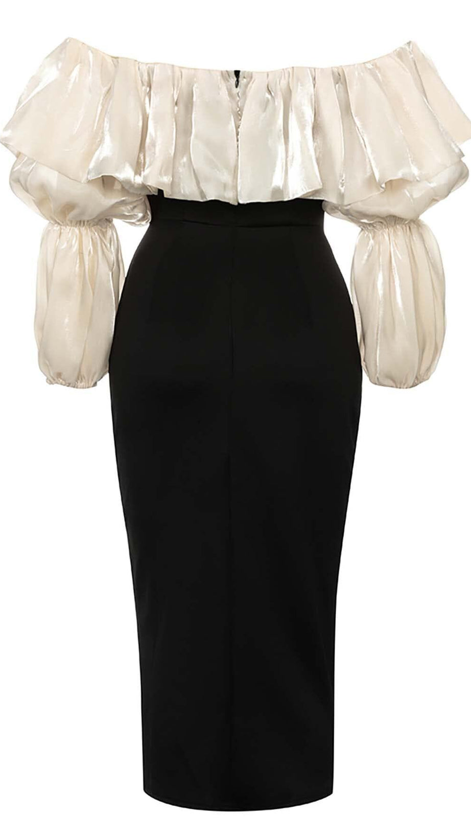 RUFFLE COLD SHOULDER MIDI DRESS IN BLACK