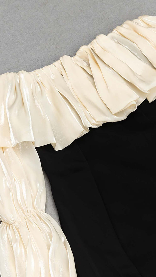 Ruffle Cold Shoulder Midi Dress in Black