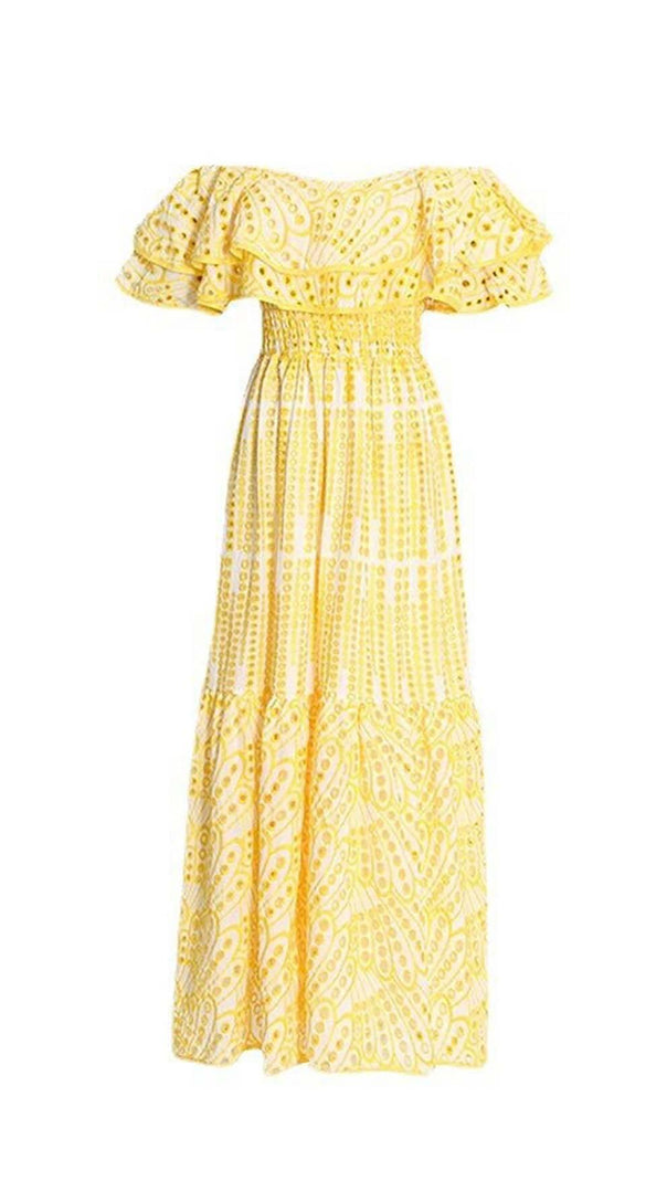 AIIZIE RUFFLE COLD SHOULDER MIDI DRESS IN YELLOW - product image