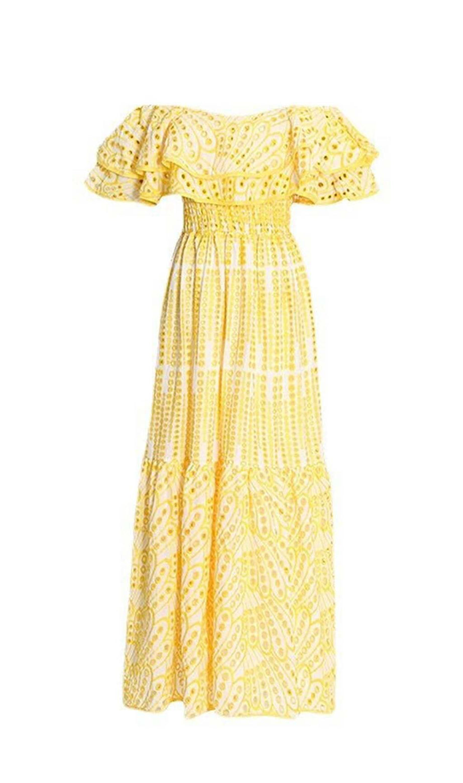 RUFFLE COLD SHOULDER MIDI DRESS IN YELLOW