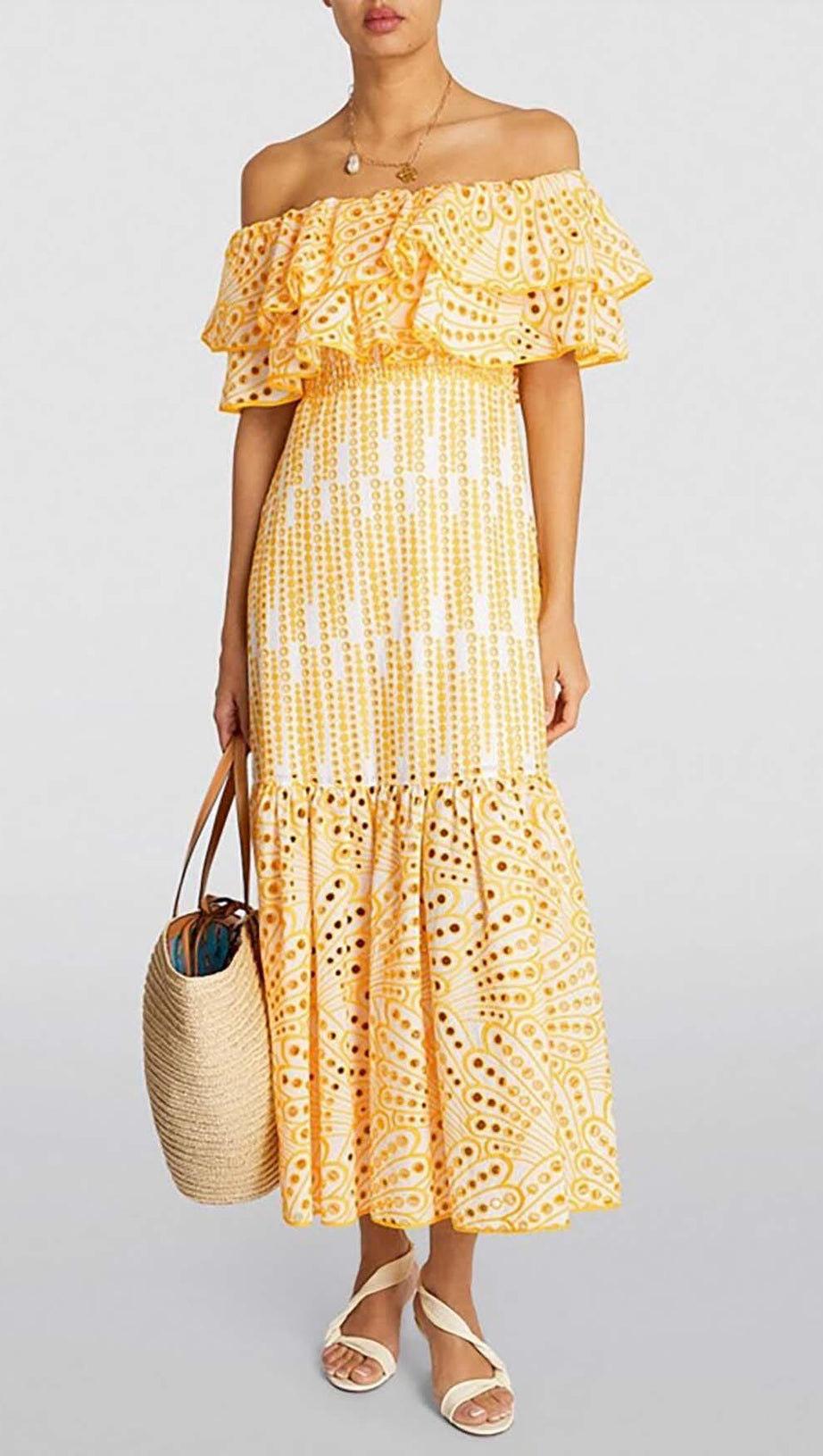 RUFFLE COLD SHOULDER MIDI DRESS IN YELLOW