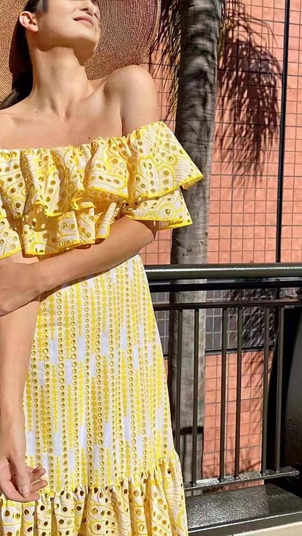 AIIZIE RUFFLE COLD SHOULDER MIDI DRESS IN YELLOW - product image