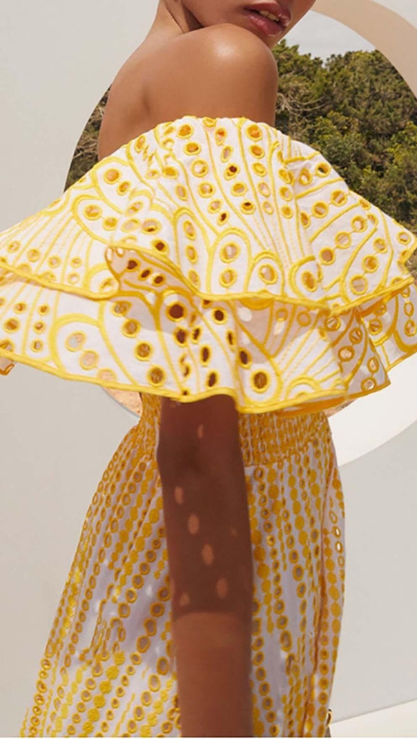 AIIZIE RUFFLE COLD SHOULDER MIDI DRESS IN YELLOW - product image