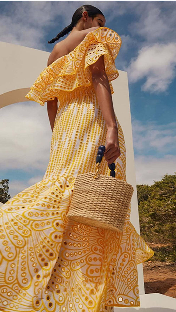 AIIZIE RUFFLE COLD SHOULDER MIDI DRESS IN YELLOW - product image