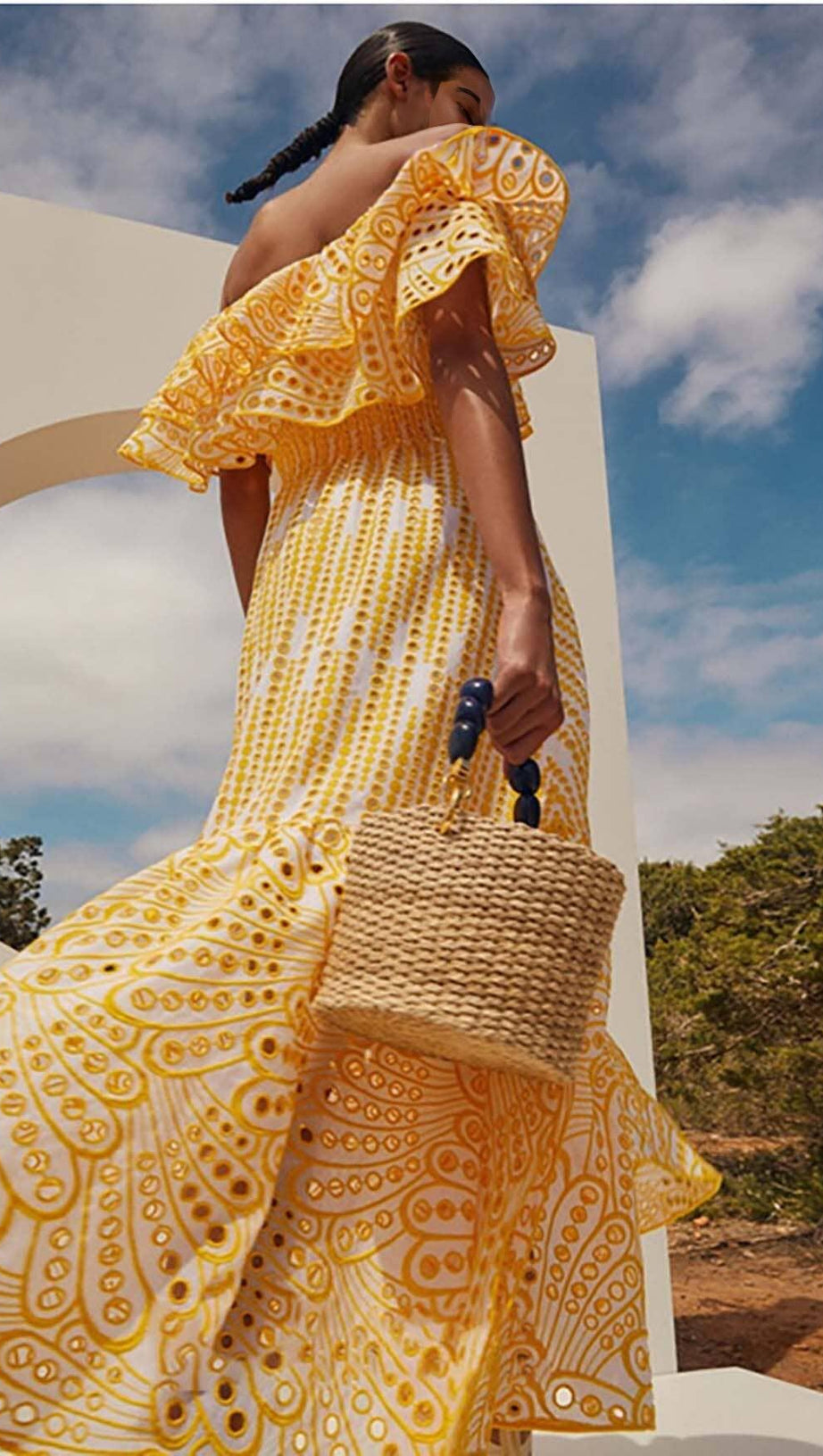 RUFFLE COLD SHOULDER MIDI DRESS IN YELLOW