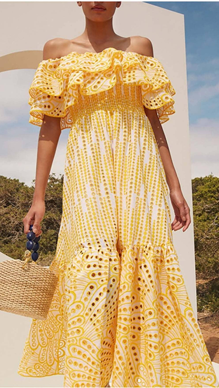 RUFFLE COLD SHOULDER MIDI DRESS IN YELLOW