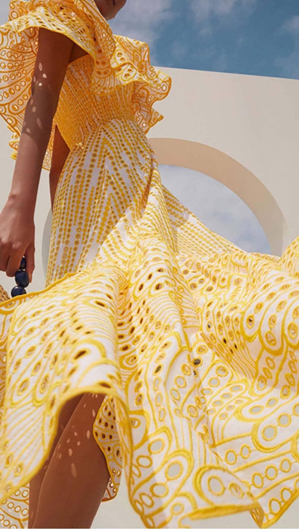 AIIZIE RUFFLE COLD SHOULDER MIDI DRESS IN YELLOW - product image