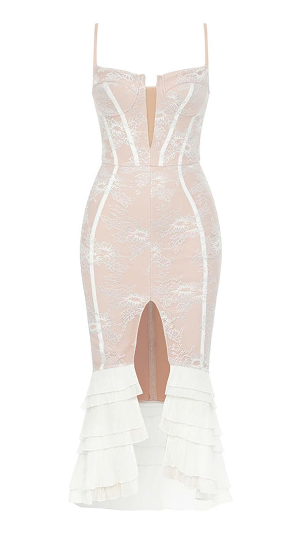 AIIZIE RUFFLE CORSET SPLIT MIDI DRESS IN LIGHT TAN - product image