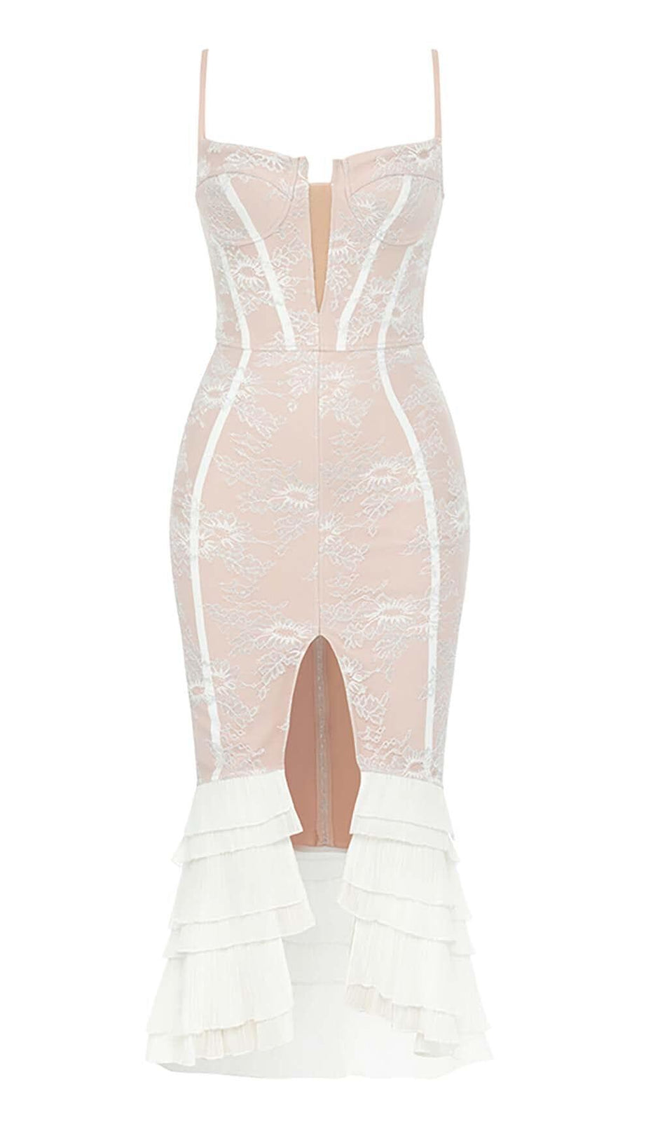 RUFFLE CORSET SPLIT MIDI DRESS IN LIGHT TAN