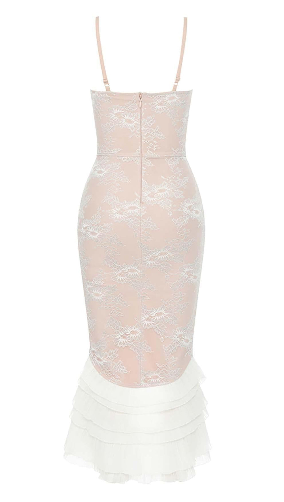 RUFFLE CORSET SPLIT MIDI DRESS IN LIGHT TAN