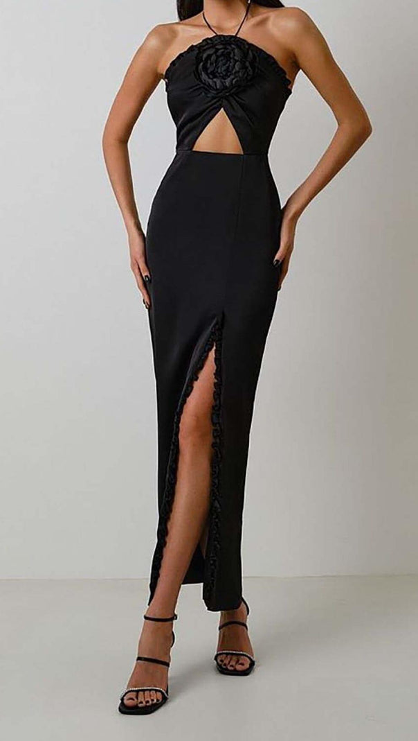 AIIZIE RUFFLE FLOWER-EMBELLISHED MIDI DRESS IN BLACK - product image
