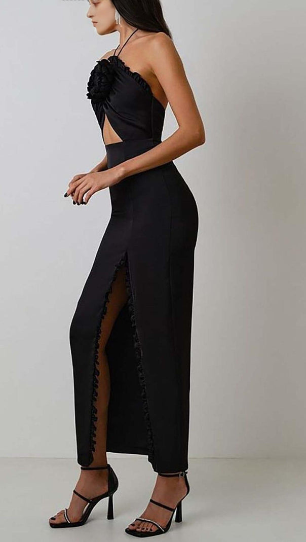AIIZIE RUFFLE FLOWER-EMBELLISHED MIDI DRESS IN BLACK - product image