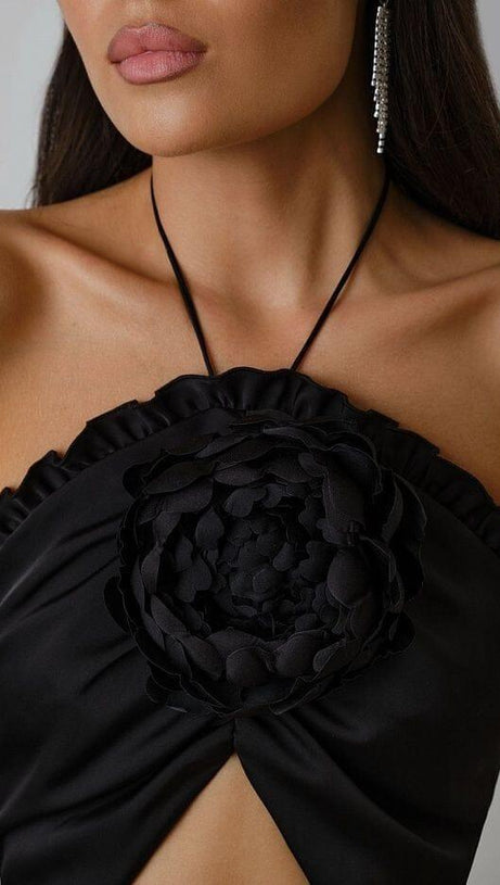RUFFLE FLOWER-EMBELLISHED MIDI DRESS IN BLACK