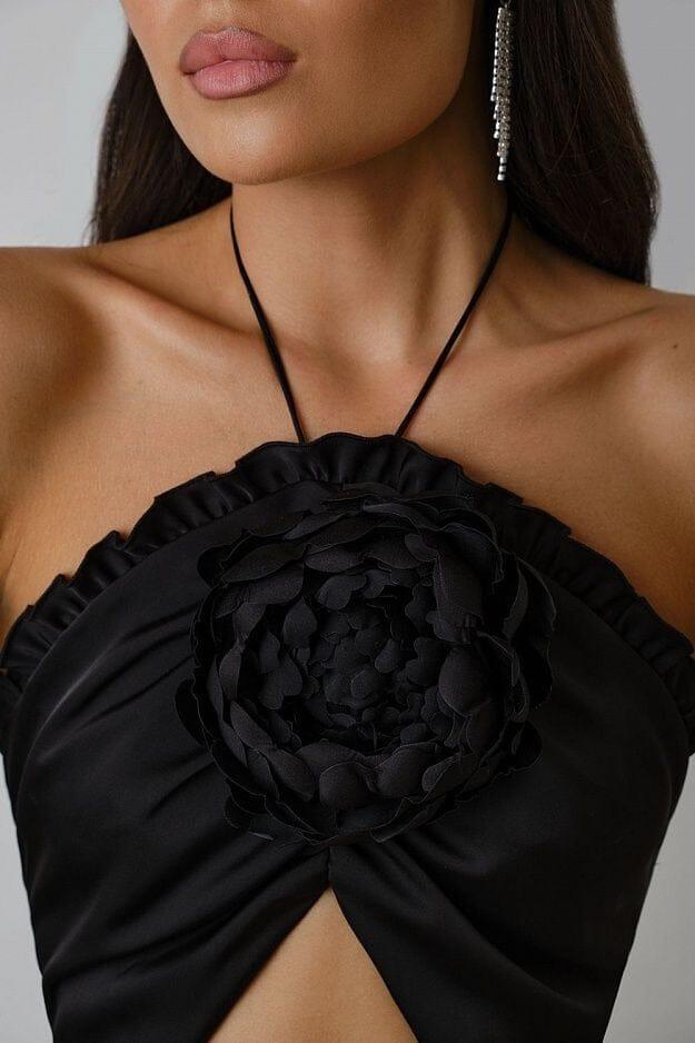 AIIZIE RUFFLE FLOWER-EMBELLISHED MIDI DRESS IN BLACK - product image