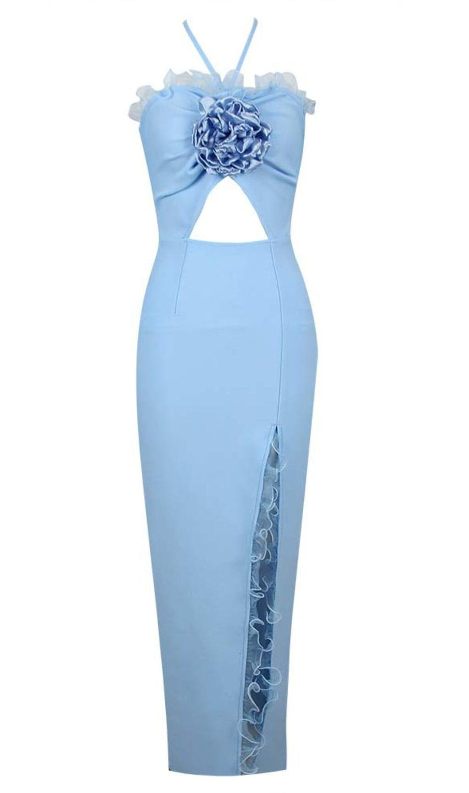 RUFFLE FLOWER-EMBELLISHED MIDI DRESS IN BLUE