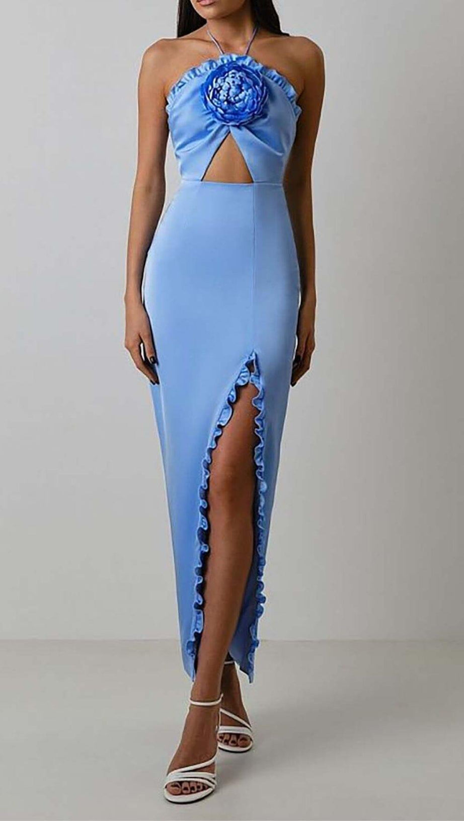 RUFFLE FLOWER-EMBELLISHED MIDI DRESS IN BLUE