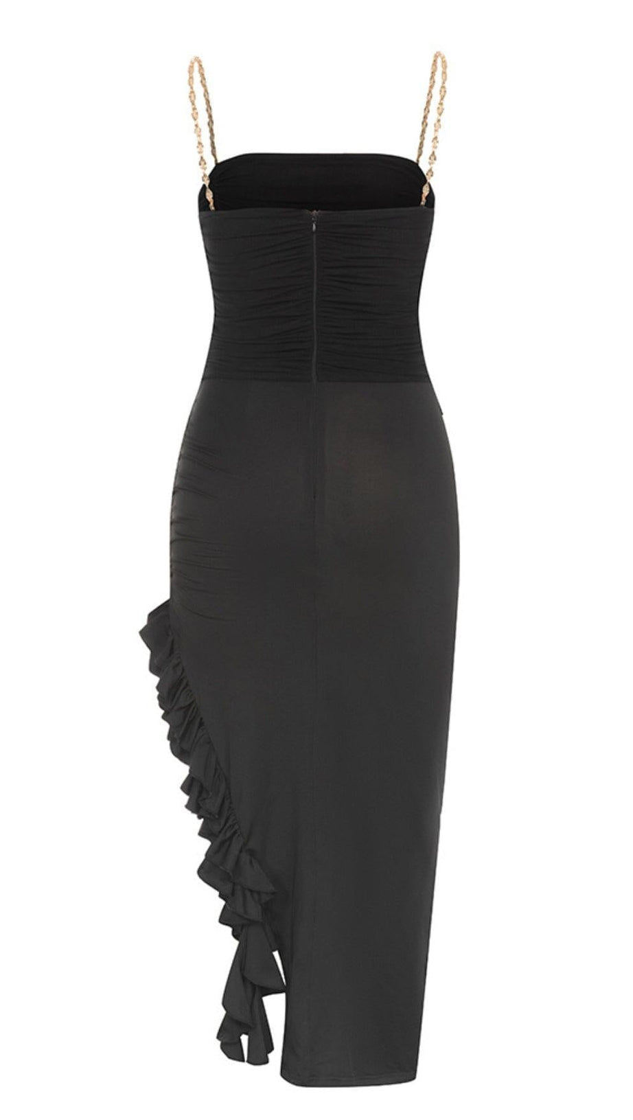 RUFFLE HIGH-LOW DRESS IN BLACK