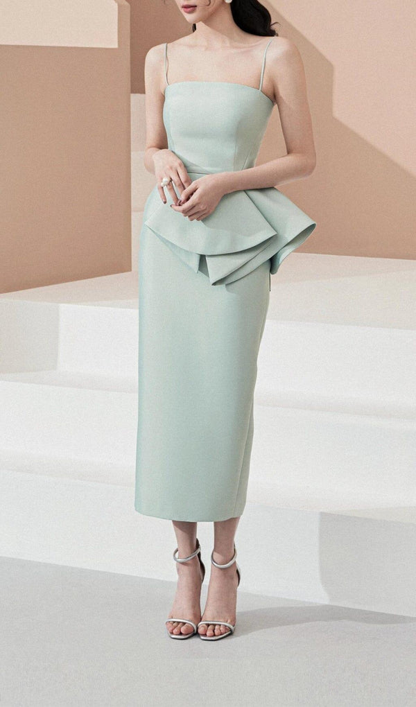 RUFFLE HIP WRAP MIDI DRESS IN MINT GREEN