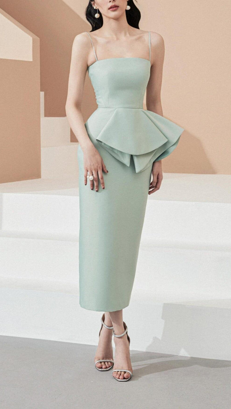 RUFFLE HIP WRAP MIDI DRESS IN MINT GREEN