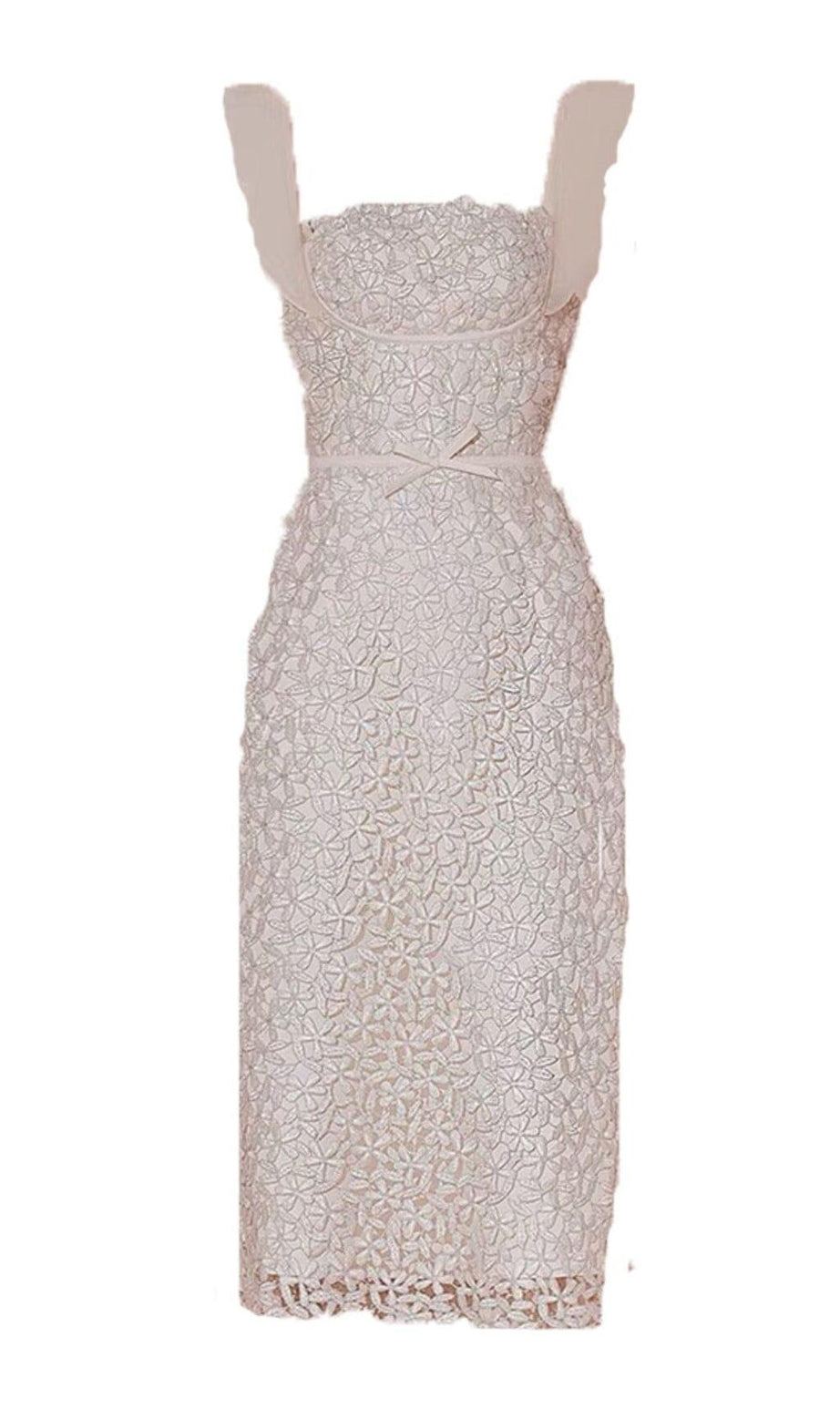 RUFFLE LACE MIDI DRESS IN WHITE
