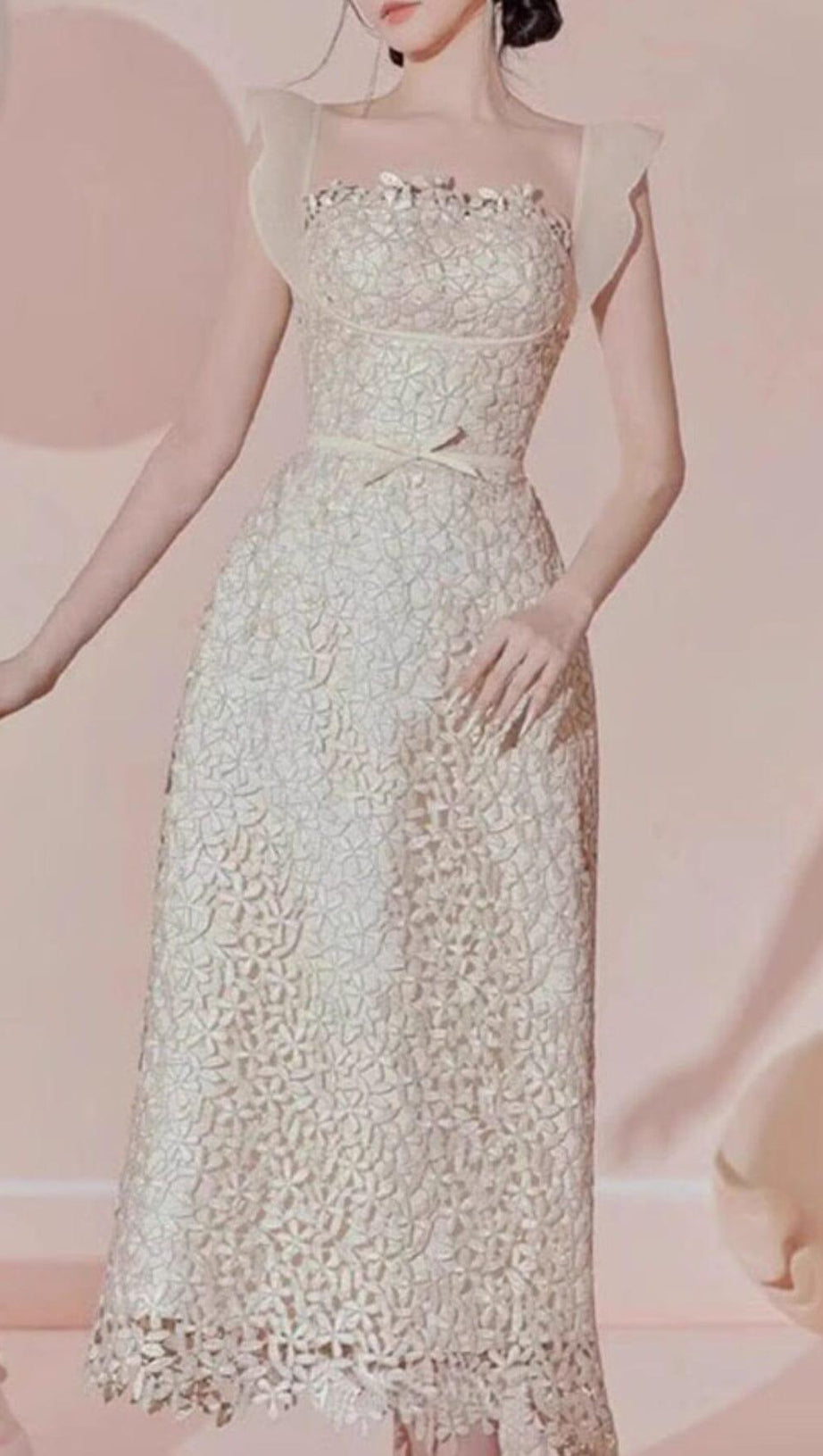 RUFFLE LACE MIDI DRESS IN WHITE