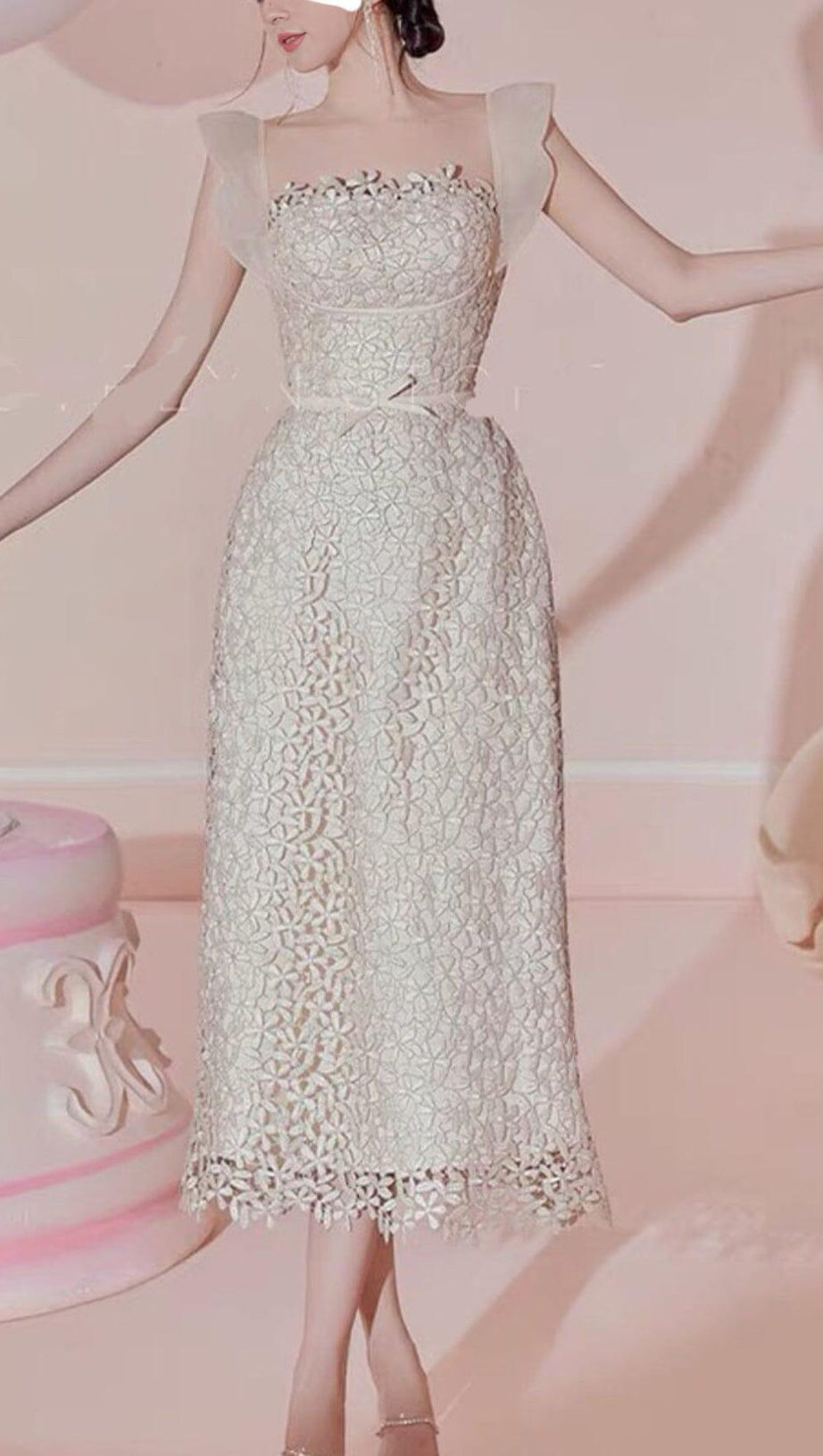 RUFFLE LACE MIDI DRESS IN WHITE