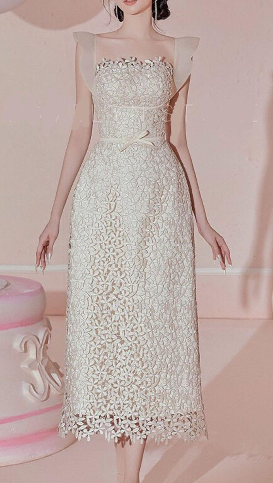 RUFFLE LACE MIDI DRESS IN WHITE