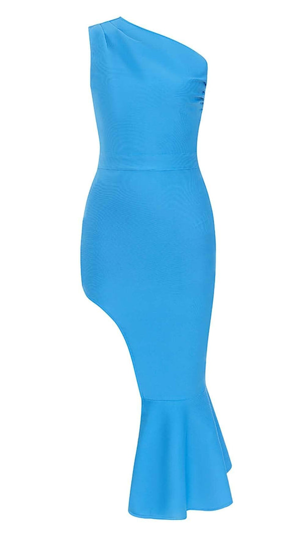 AIIZIE RUFFLE ONE SHOULDER MIDI DRESS IN BLUE - product image