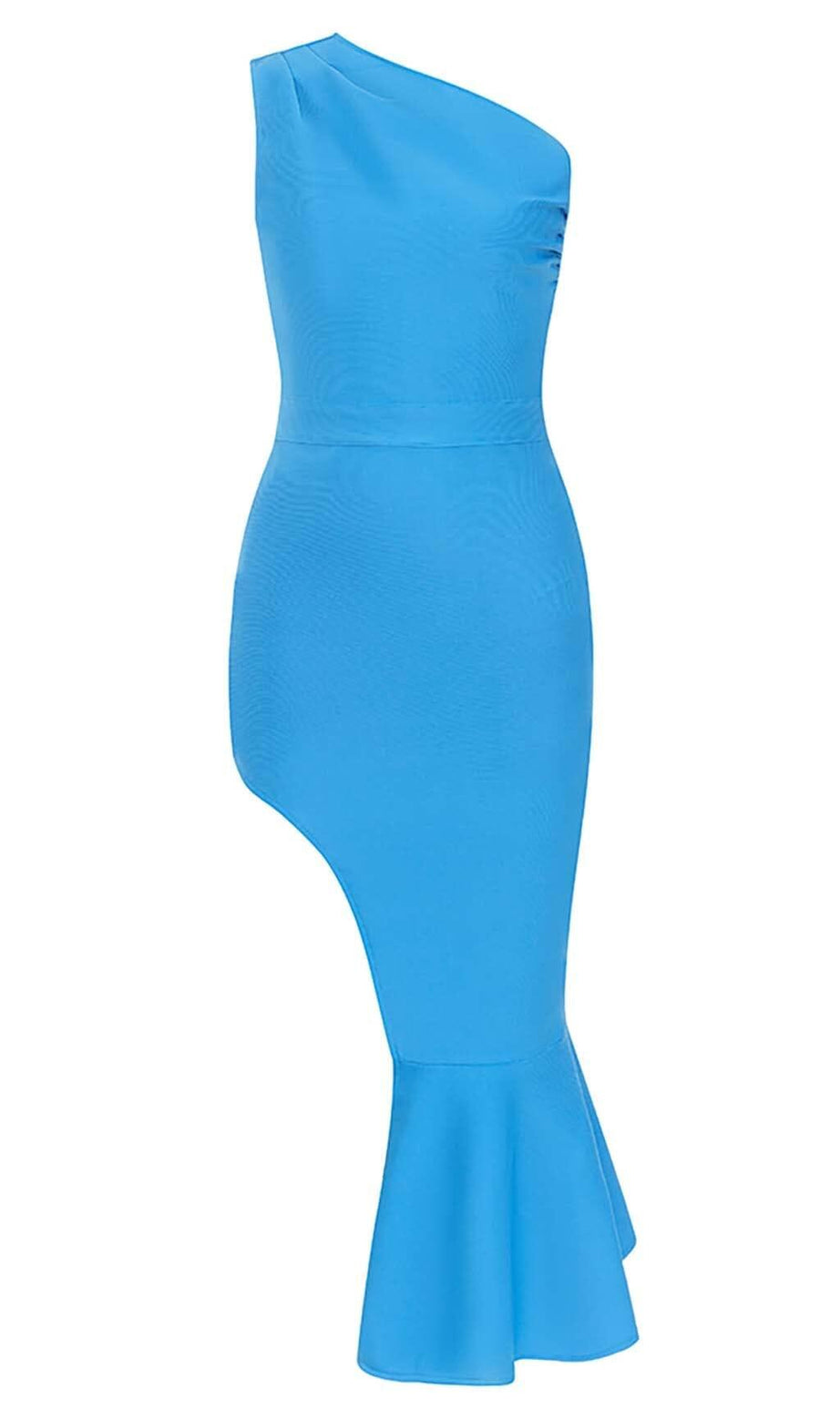RUFFLE ONE SHOULDER MIDI DRESS IN BLUE