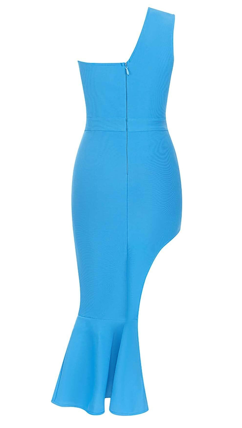 RUFFLE ONE SHOULDER MIDI DRESS IN BLUE