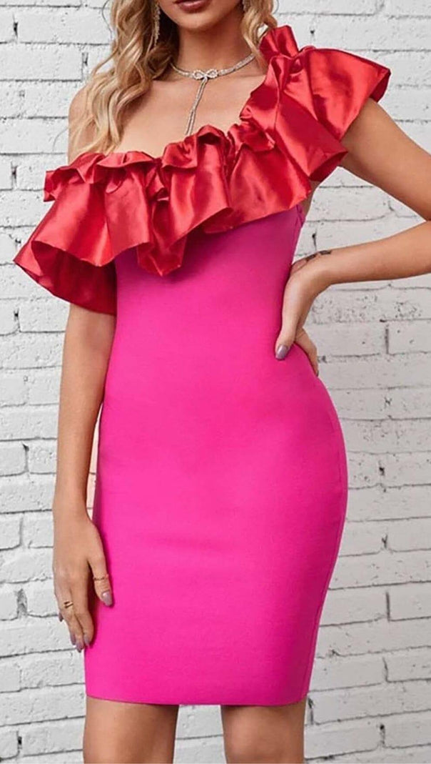 AIIZIE RUFFLE ONE SHOULDER MINI BODYCON DRESS IN RED - product image