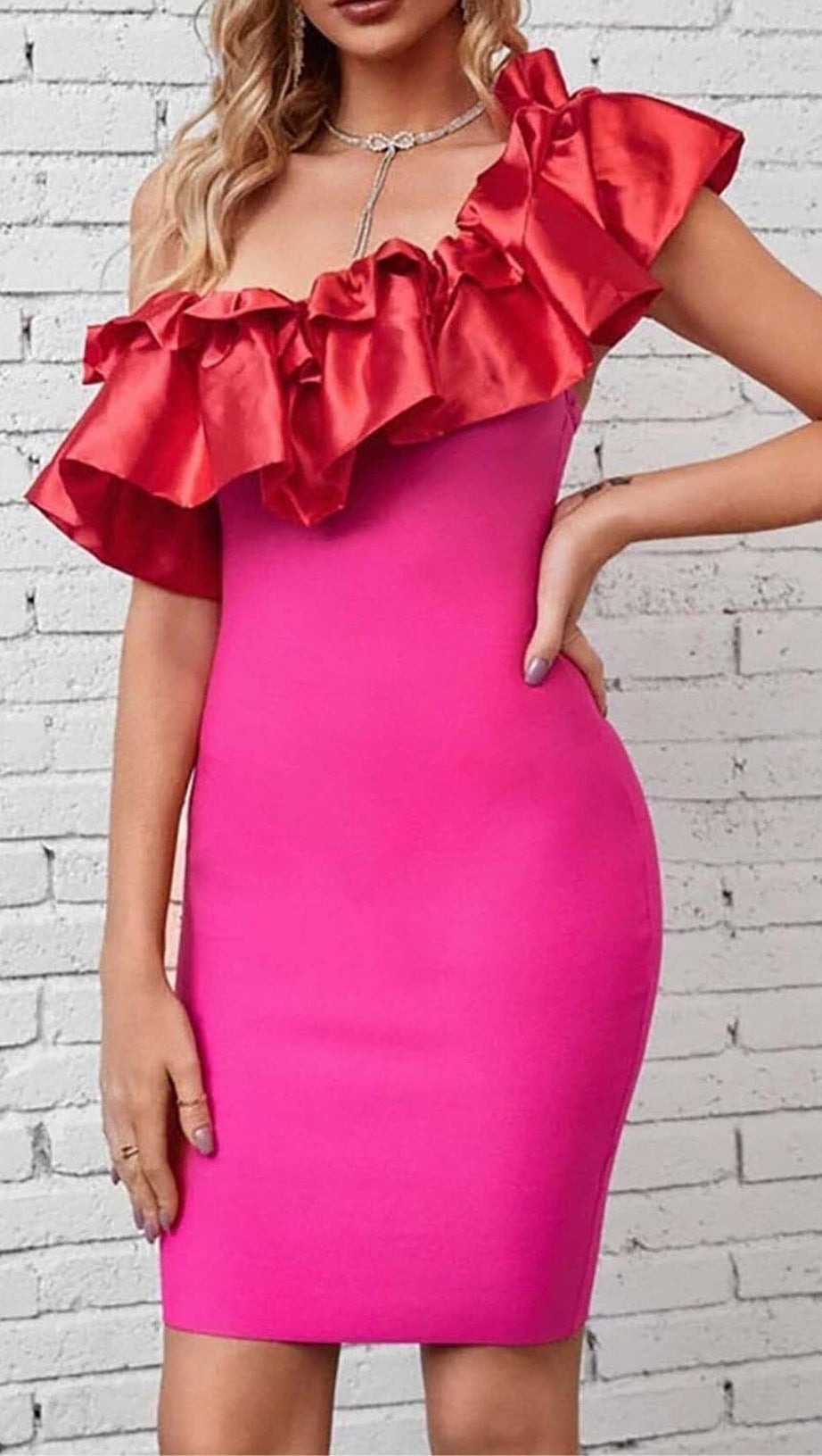 RUFFLE ONE SHOULDER MINI BODYCON DRESS IN RED