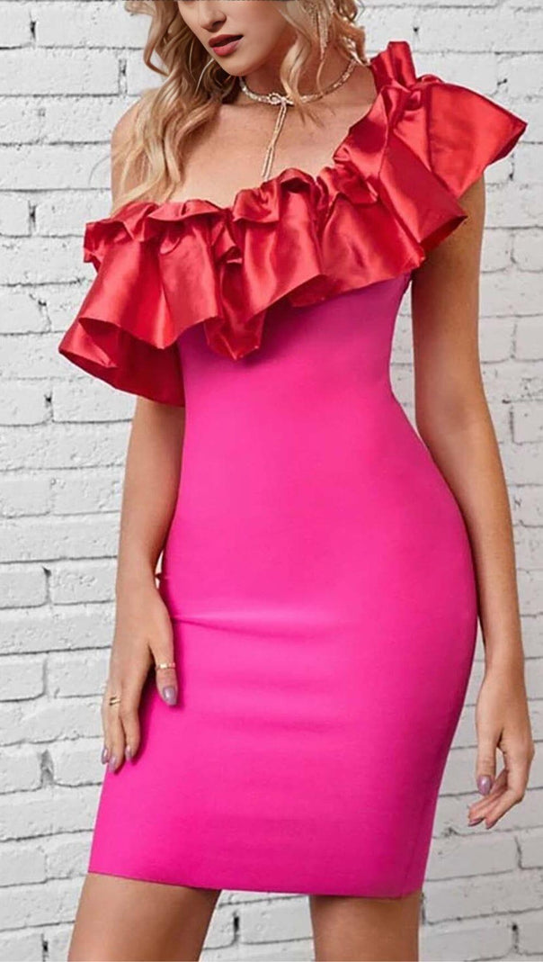AIIZIE RUFFLE ONE SHOULDER MINI BODYCON DRESS IN RED - product image