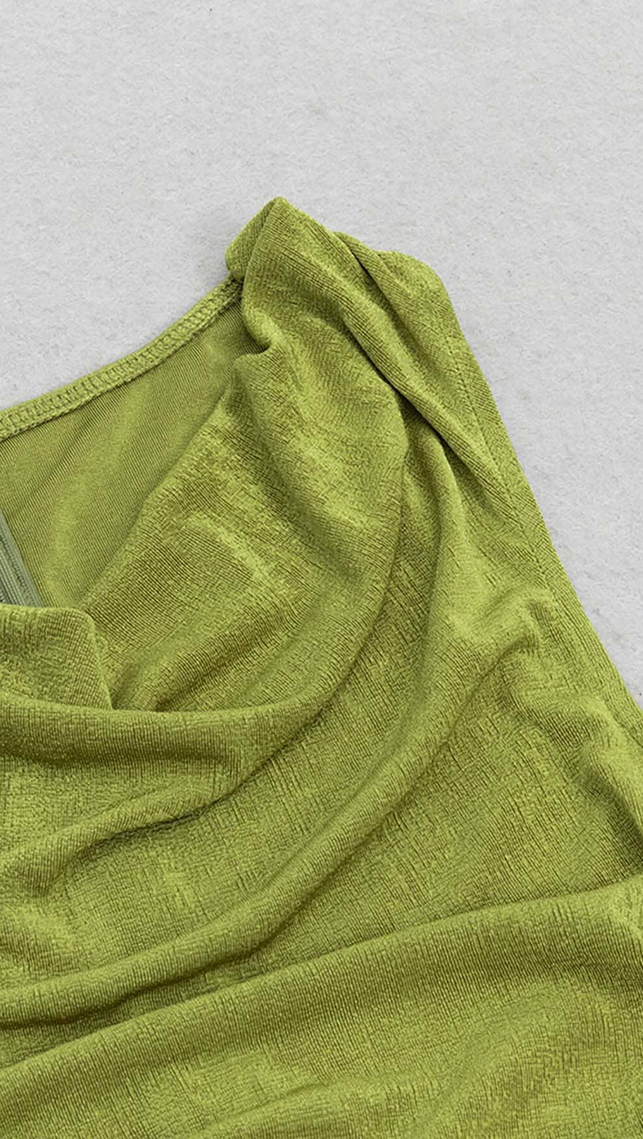 RUFFLE SLIT MIDI DRESS IN DARK CHARTREUSE