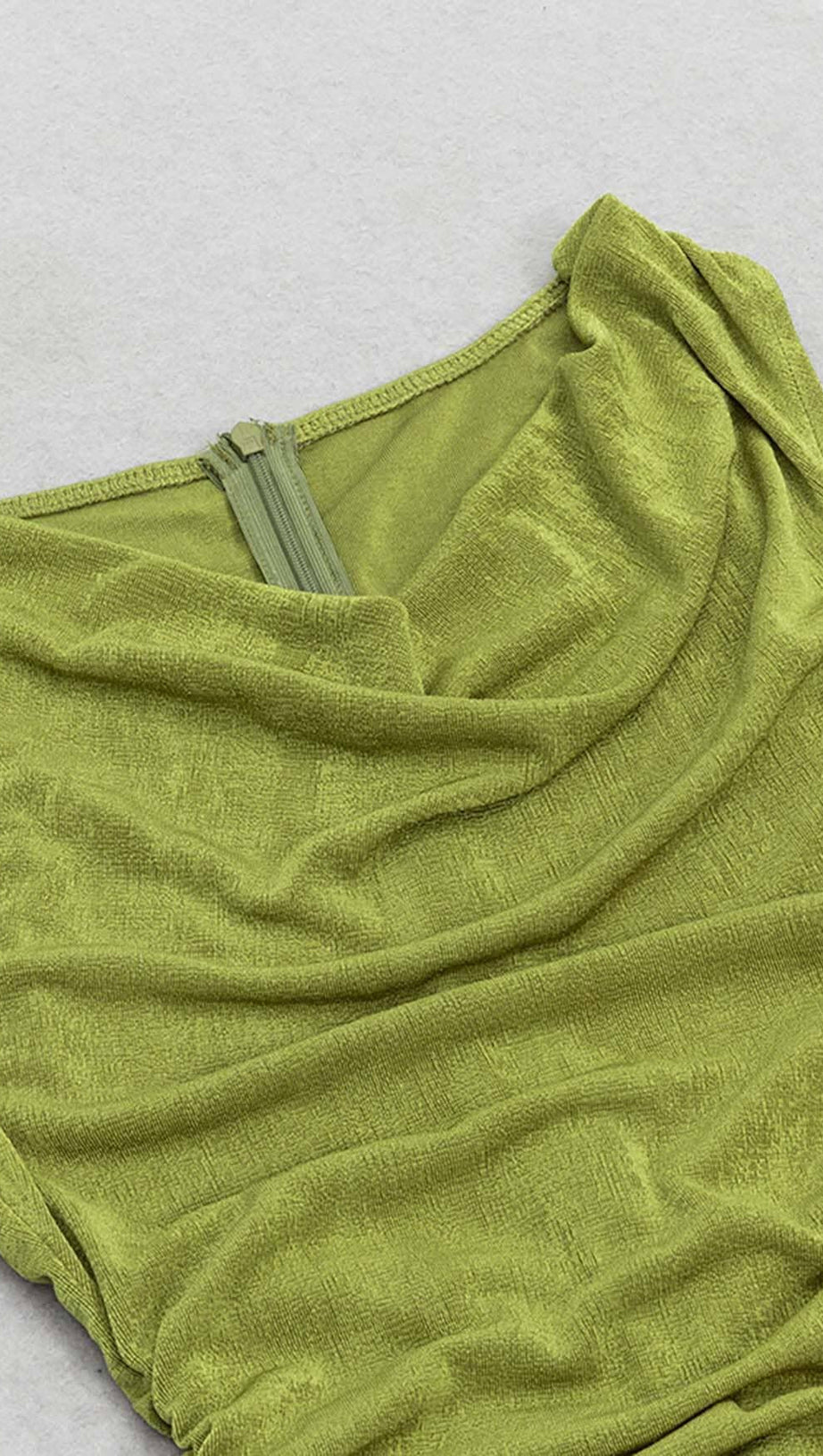 RUFFLE SLIT MIDI DRESS IN DARK CHARTREUSE